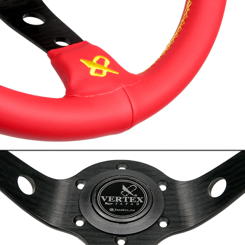 330mm Vertex Red Genuine Leather Drift Steering Wheels with Yellow Embroidery - Image 7