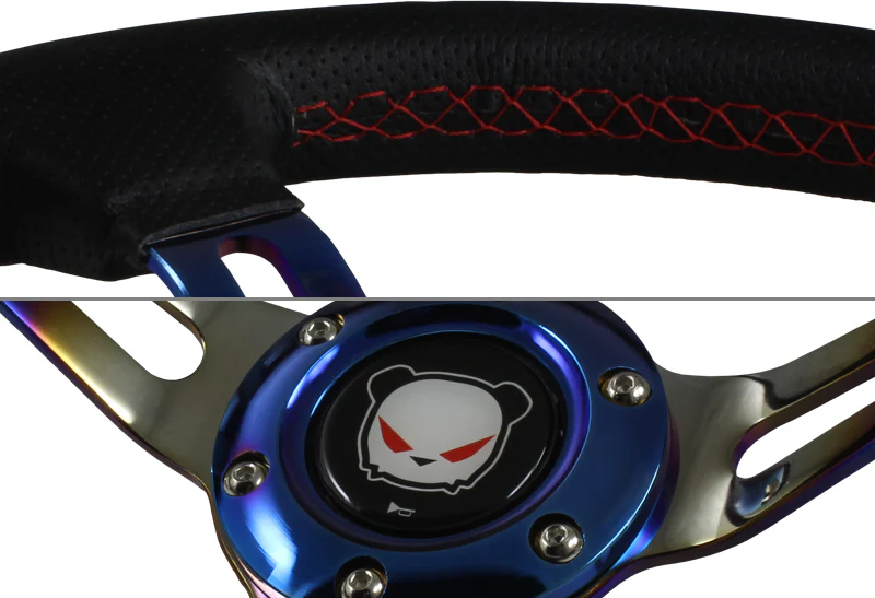 350mm 6-Bolt Hole Black Leather Red Stitch Grip With Titanium Blue 3-Spoke Racing Steering Wheel - Image 2