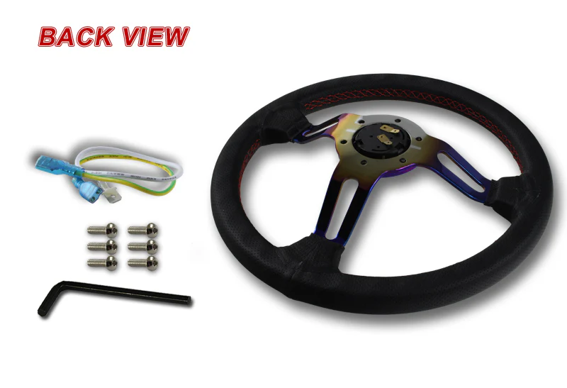 350mm 6-Bolt Hole Black Leather Red Stitch Grip With Titanium Blue 3-Spoke Racing Steering Wheel - Image 3