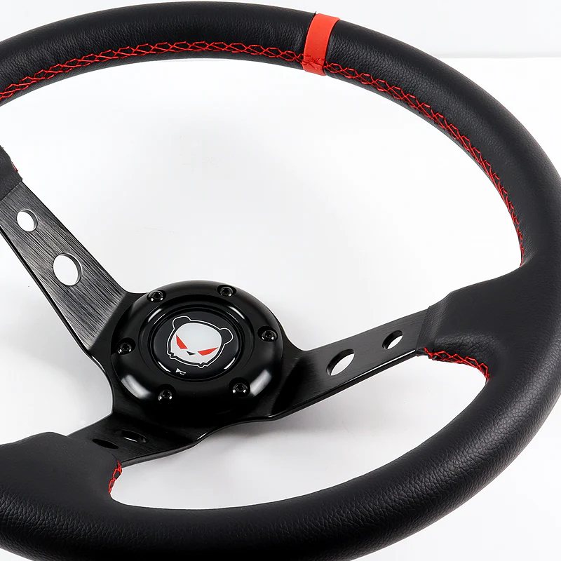 350mm 6-Bolt Hole Black PVC Leather Red Stitch Grip With 4" Deep Dish 3-Spoke Drift Style Steering Wheel - Image 3