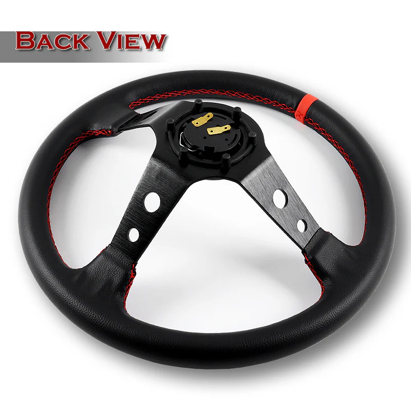 350mm 6-Bolt Hole Black PVC Leather Red Stitch Grip With 4" Deep Dish 3-Spoke Drift Style Steering Wheel - Image 4