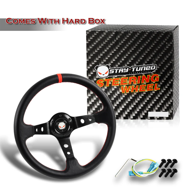 350mm 6-Bolt Hole Black PVC Leather Red Stitch Grip With 4" Deep Dish 3-Spoke Drift Style Steering Wheel - Image 5