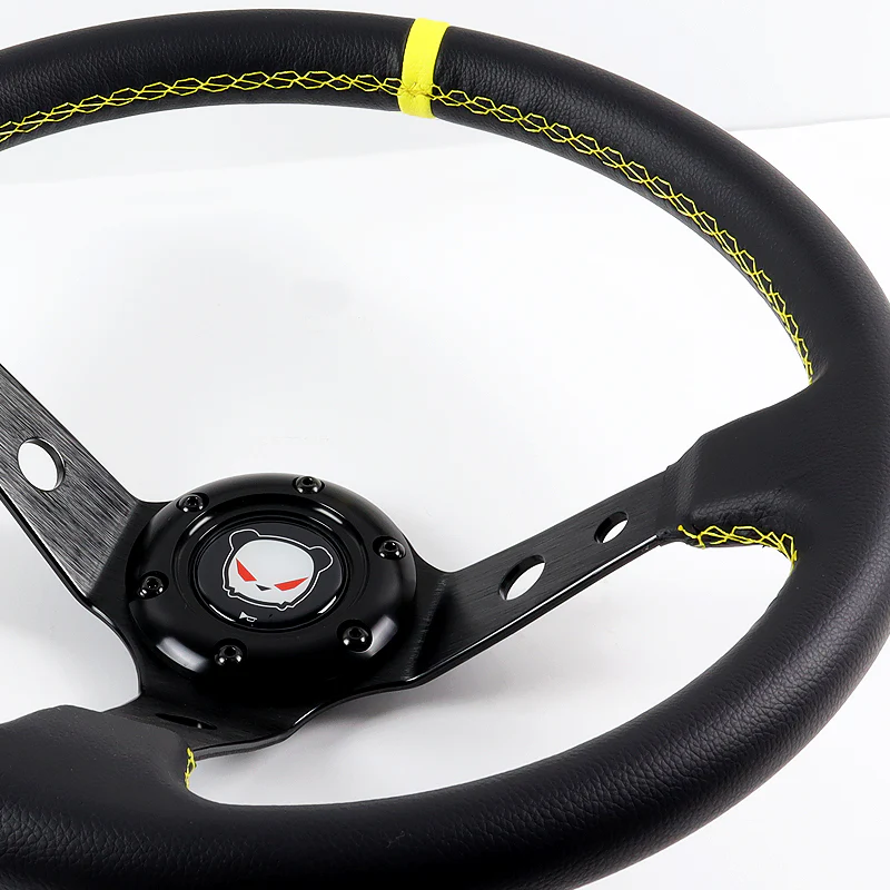 350mm 6-Bolt Hole Black / Yellow PVC Leather Grip With 4" Deep Dish 3-Spoke Drift Style Steering Wheel - Image 3