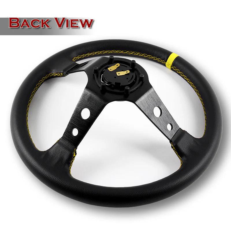 350mm 6-Bolt Hole Black / Yellow PVC Leather Grip With 4" Deep Dish 3-Spoke Drift Style Steering Wheel - Image 4