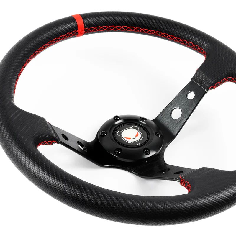 350mm 6-Bolt Hole Carbon Fiber Look PVC Leather Red Stitch Grip With 3.5" Deep Dish 3-Spoke Drift Style Steering Wheel - Image 3
