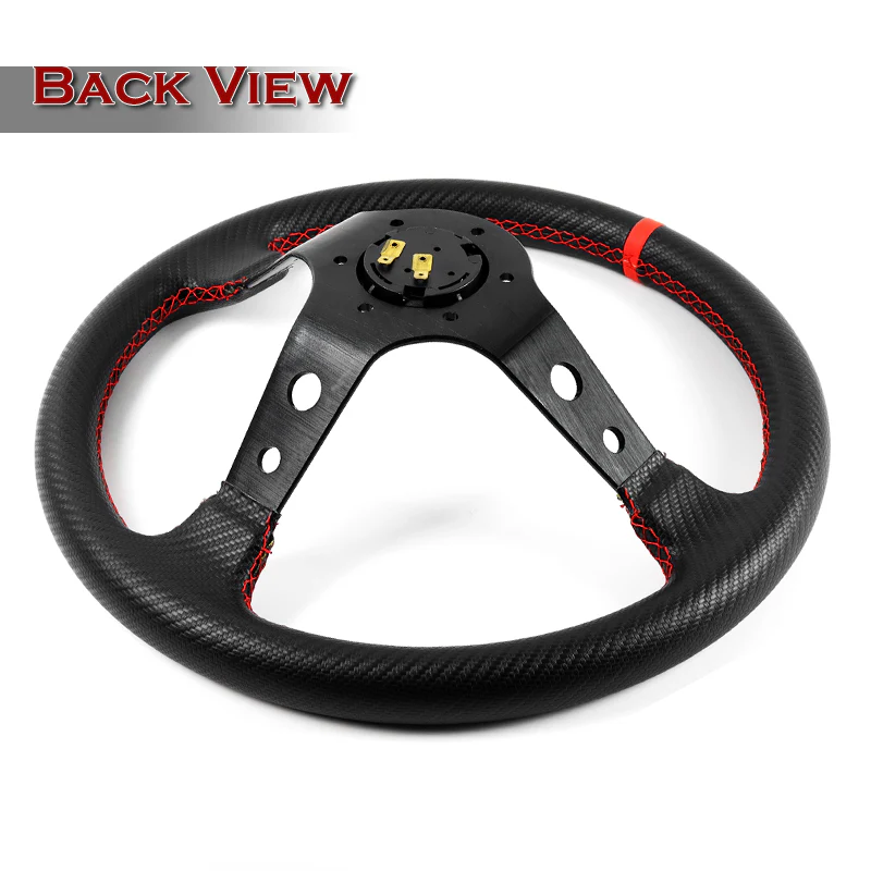 350mm 6-Bolt Hole Carbon Fiber Look PVC Leather Red Stitch Grip With 3.5" Deep Dish 3-Spoke Drift Style Steering Wheel - Image 4