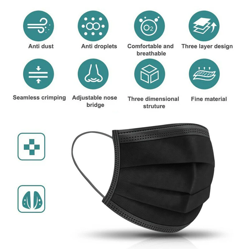 50 PCS Face Mask Non Medical Surgical Disposable 3Ply Earloop Mouth Cover - Black (with Box) - Image 2