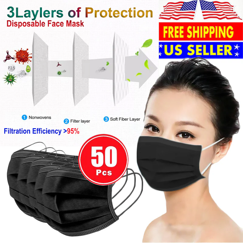 50 PCS Face Mask Non Medical Surgical Disposable 3Ply Earloop Mouth Cover - Black (with Box) - Image 7