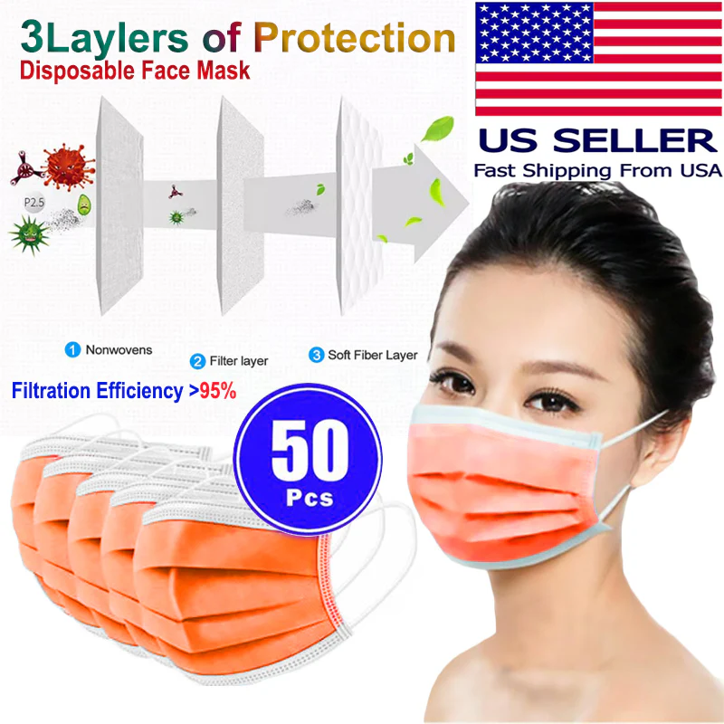 50 PCS Face Mask Non Medical Surgical Disposable 3Ply Earloop Mouth Cover - Orange (with Box) - Image 6