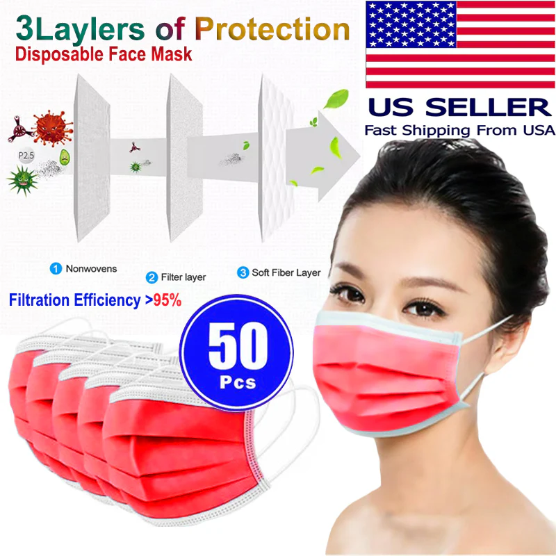 50 PCS Face Mask Non Medical Surgical Disposable 3Ply Earloop Mouth Cover - Red (with Box) - Image 6
