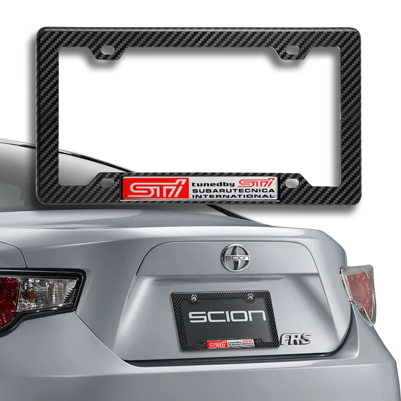 Carbon Look ABS License Plate Frame with Black Emblems For Subaru STI 2 pcs - Image 5