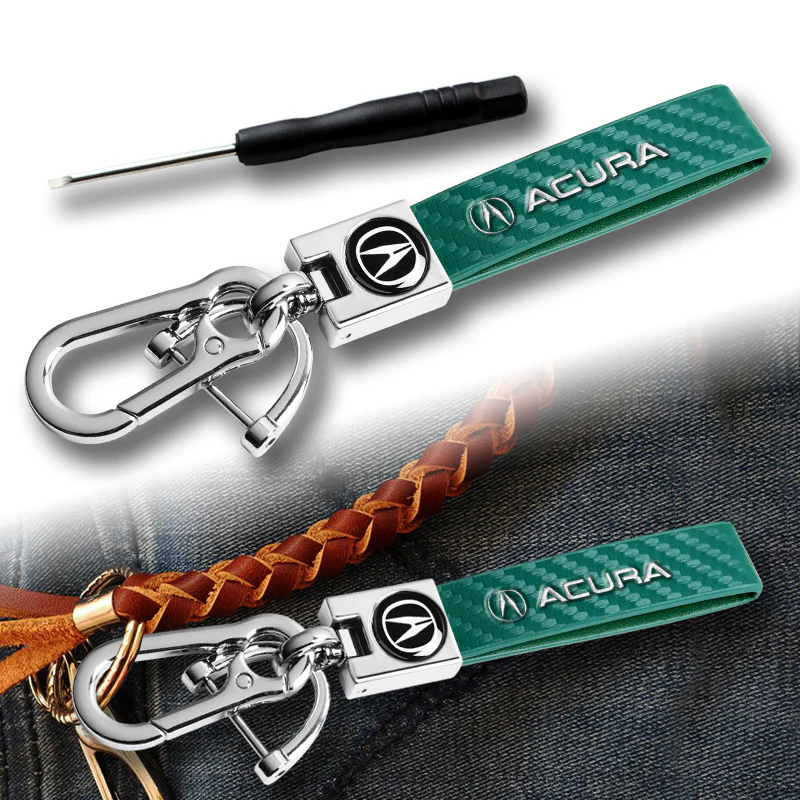Acura Universal Chrome 3D Logo Carbon Fiber Look Green Leather Metal Key Chain Quick Release Lanyard Keychain for INTEGRA RSX TSX - Image 2