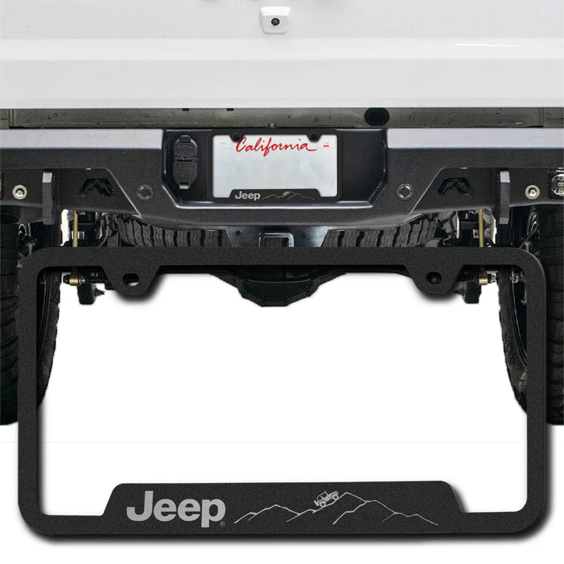 Au-Tomotive Gold Genuine JEEP Laser Etched Logo Mountain Rugged Black Stainless Steel Cut-Out License Plate Frame GF.JEEM.ERB - Image 4