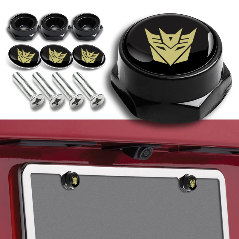 Black Decepticon Transformers metal car license plate frame screw bolt cap cover - Image 2