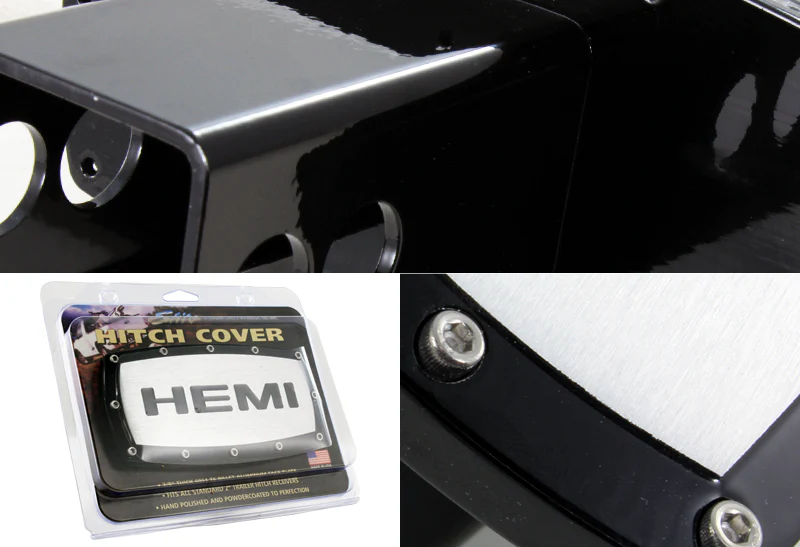 Black DODGE CHRYSLER JEEP HEMI Engraved Billet Hitch Cover Plug Cap For 2" Trailer Receiver with ALLEN BOLTS DESIGN - Image 3
