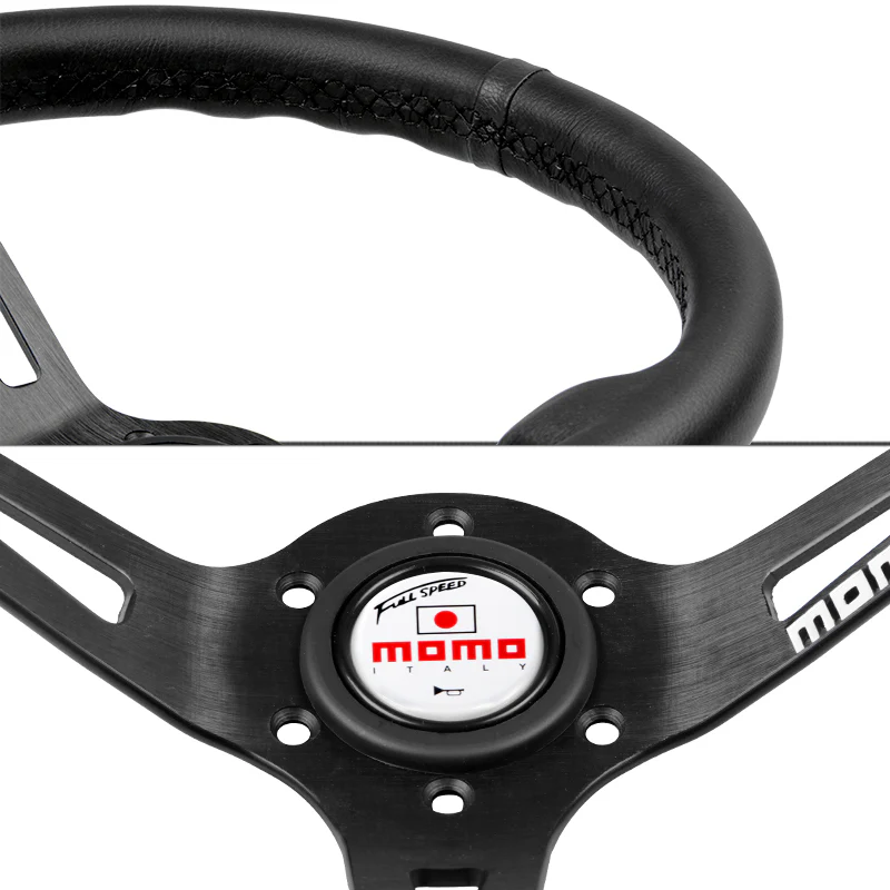 Black Line 350mm MOMO Racing Steering Wheel Microfiber Leather with MOMO Horn Button - Image 2
