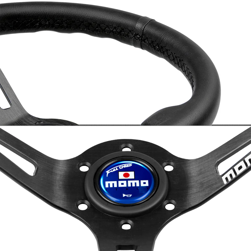 Black Line 350mm MOMO Racing Steering Wheel Microfiber Leather with MOMO Horn Button - Image 2