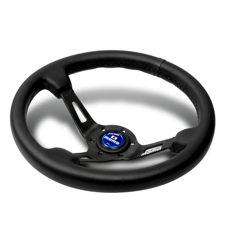 Black Line 350mm MOMO Racing Steering Wheel Microfiber Leather with MOMO Horn Button - Image 3