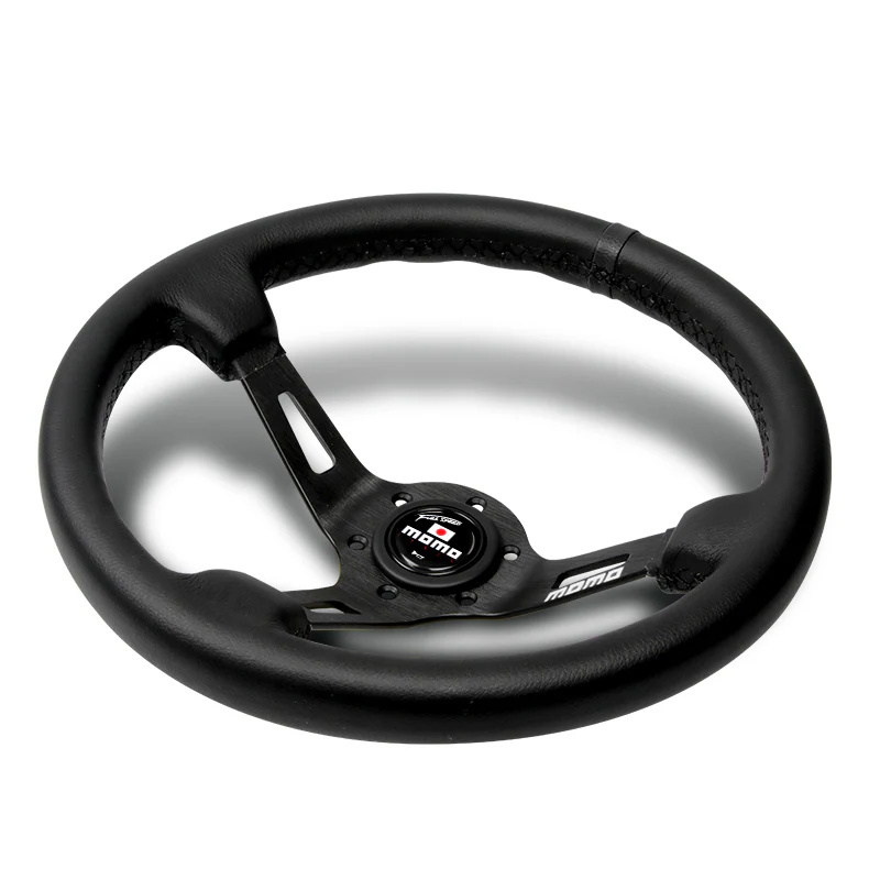 Black Line 350mm MOMO Racing Steering Wheel Microfiber Leather with MOMO Horn Button - Image 3