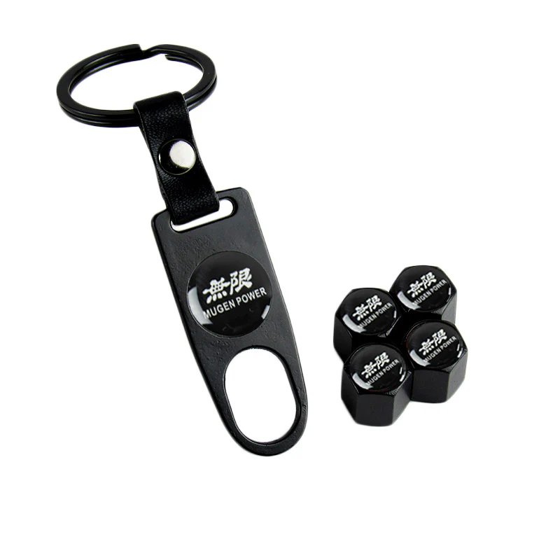 Black Mugen Universal Car SUV Wheel Tire Valves Dust Stem Air Caps Keychain Emblem Set - Image 5