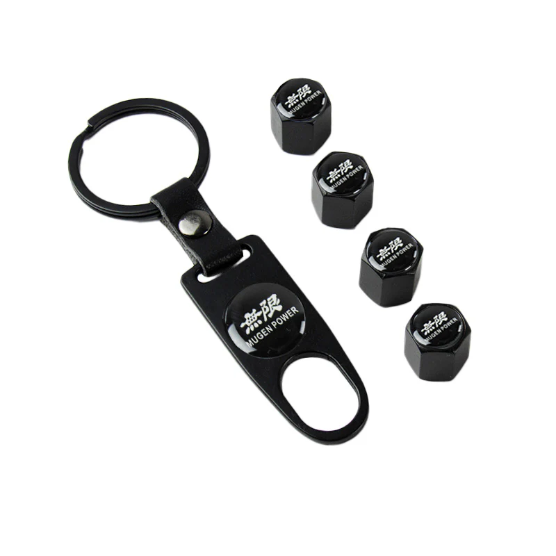 Black Mugen Universal Car SUV Wheel Tire Valves Dust Stem Air Caps Keychain Emblem Set - Image 6