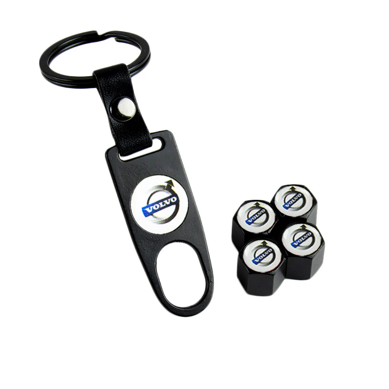 Black Set VOLVO Car Wheel Tire Valves Dust Stem Air Caps Keychain Emblem KEY FOB - US SELLER - Image 5