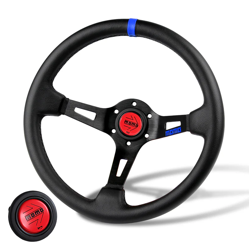 Blue Line 350mm MOMO Racing Deep Dish Steering Wheel Microfiber Leather For Red Black momo hub - Image 5