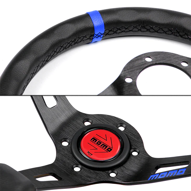 Blue Line 350mm MOMO Racing Deep Dish Steering Wheel Microfiber Leather For Red Black momo hub - Image 6
