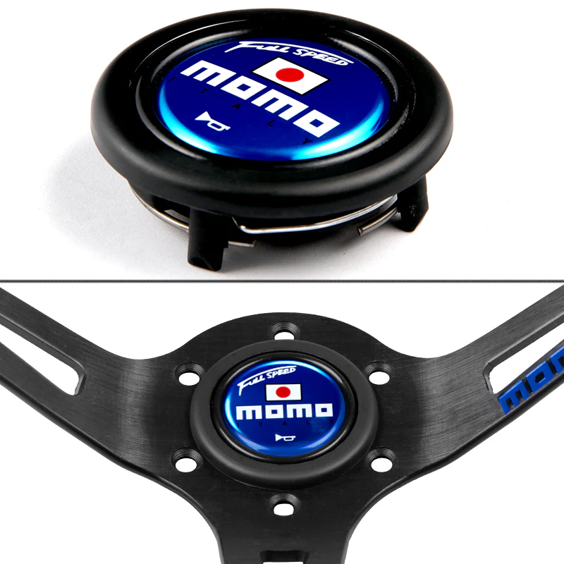 Blue Line 350mm MOMO Racing Steering Wheel Microfiber Leather with MOMO Horn Button - Image 2