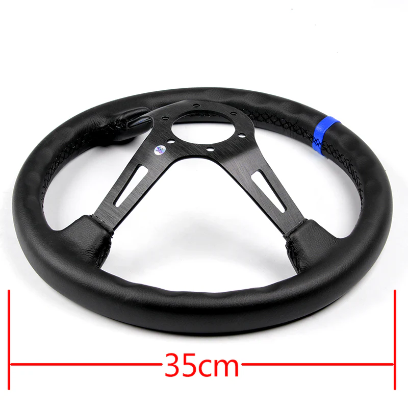 Blue Line 350mm MOMO Racing Steering Wheel Microfiber Leather with MOMO Horn Button - Image 3