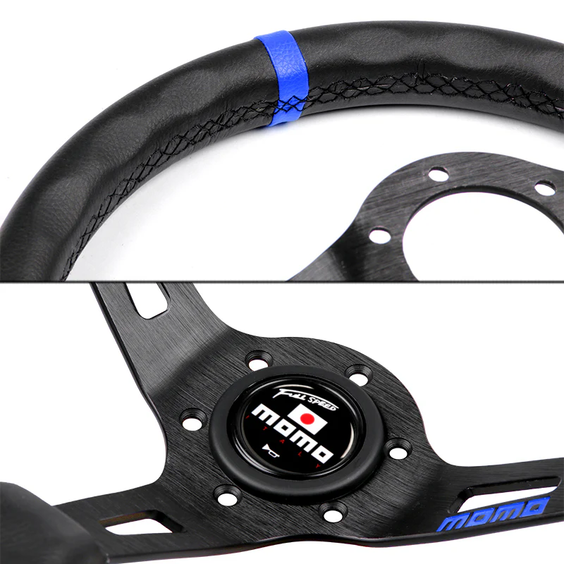 Blue Line 350mm MOMO Racing Steering Wheel Microfiber Leather with MOMO Horn Button - Image 2