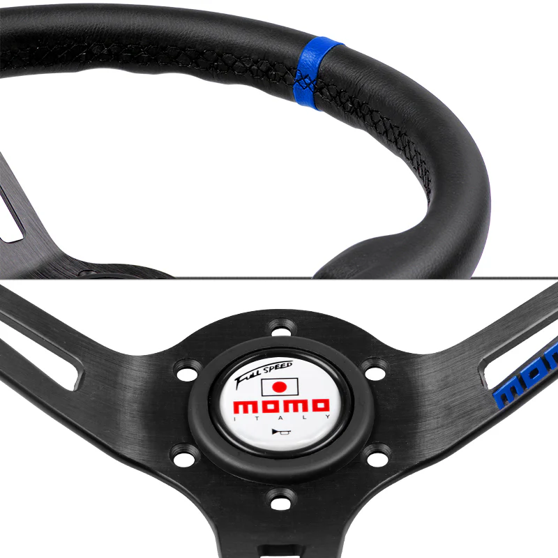 Blue Line 350mm MOMO Racing Steering Wheel Microfiber Leather with MOMO Horn Button - Image 3