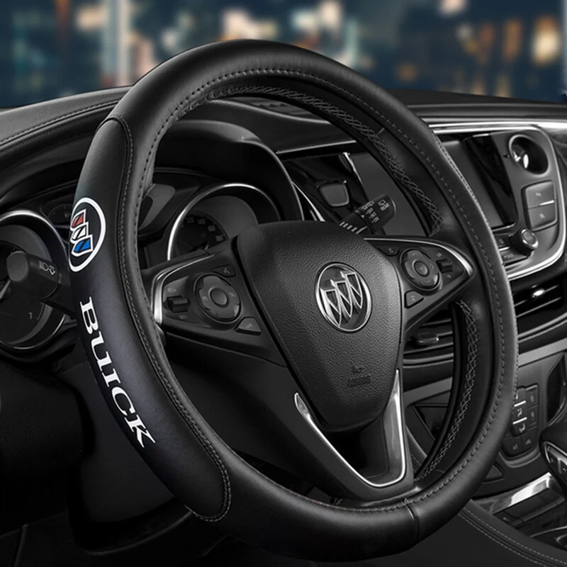 BUICK Set Black 15" Diameter Car Auto Steering Wheel Cover Quality Leather with Chrome Luxury Car Body Emblem Badge Decal - Image 3