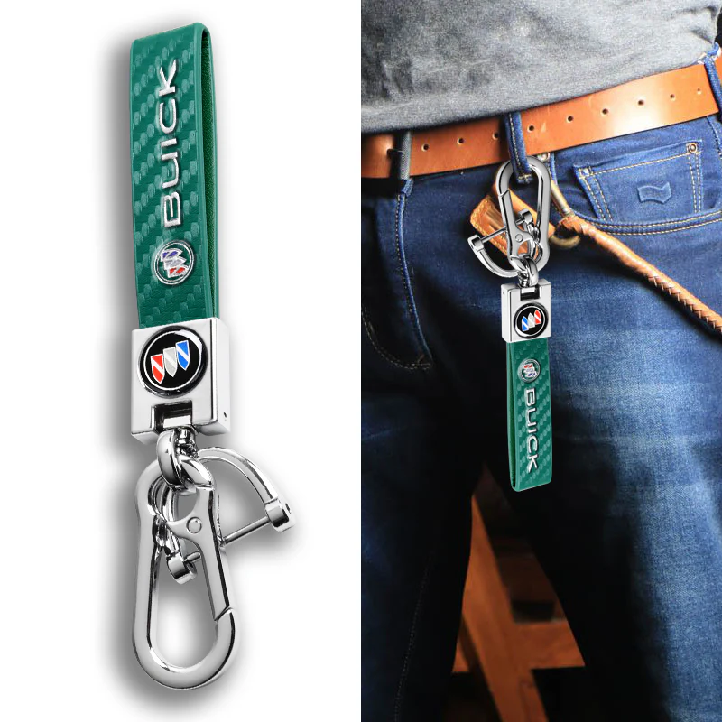 BUICK Universal Chrome 3D Logo Carbon Fiber Look Green Leather Metal Gift Decor Quick Release Lanyard Keychain - Image 3