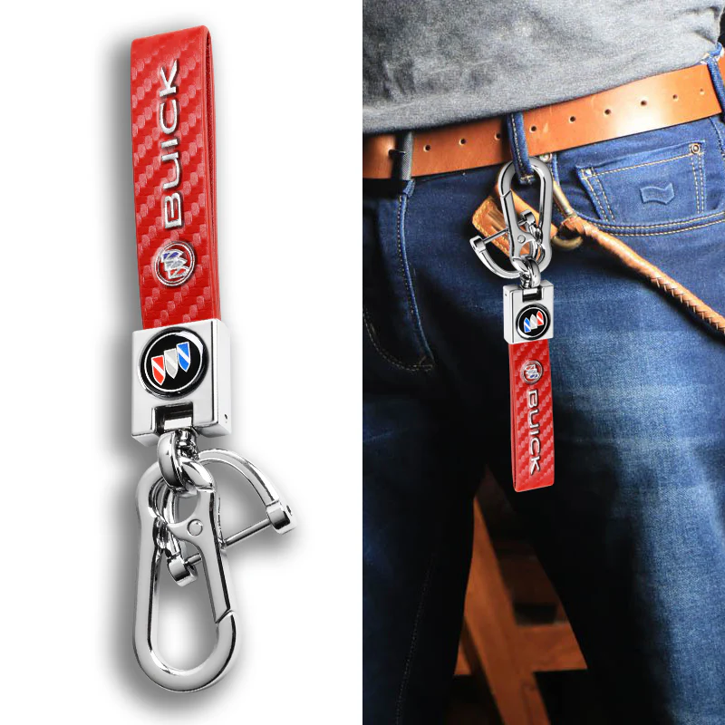 BUICK Universal Chrome 3D Logo Carbon Fiber Look Red Leather Metal Gift Decor Quick Release Lanyard Keychain - Image 3