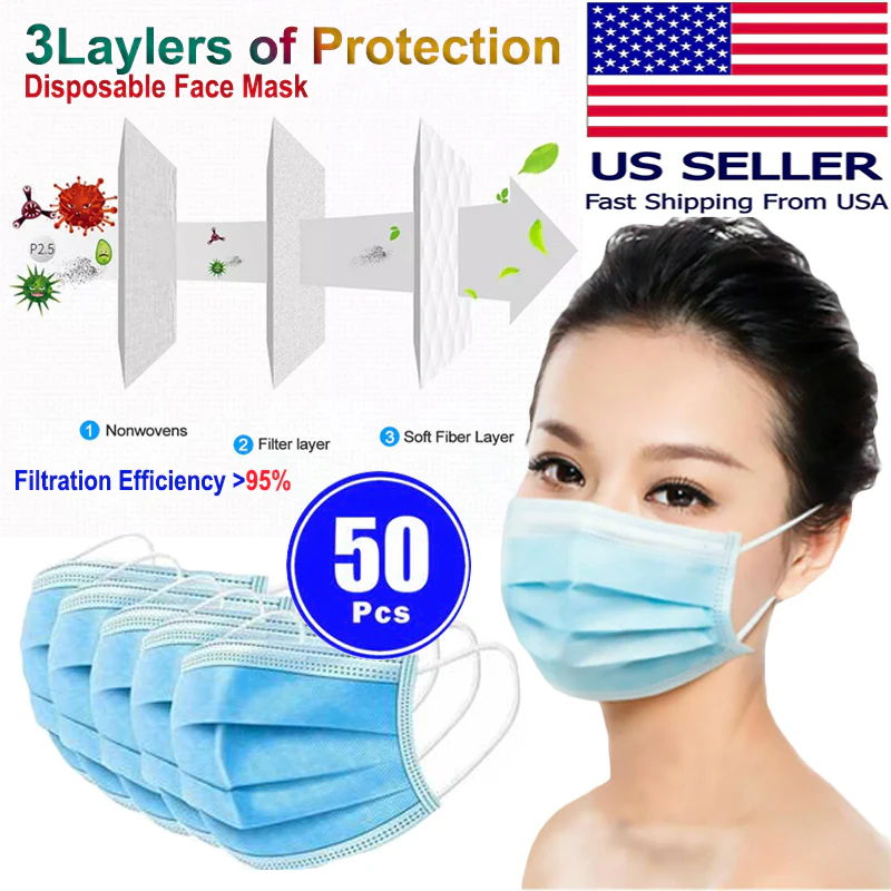 50 PCS Face Mask Non Medical Surgical Disposable 3Ply Earloop Mouth Cover - Blue (with Box) - Image 7