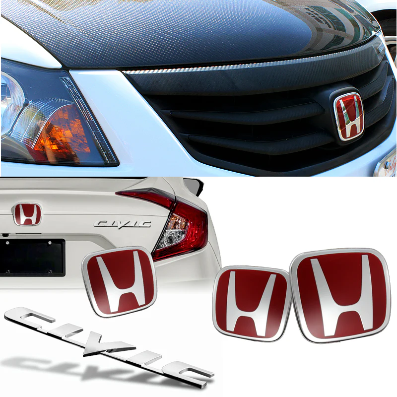 3 PCS Set For 06-11 HONDA CIVIC COUPE Red JDM H Front & Rear Emblems with Civic Rear Chrome Emblem - Image 2