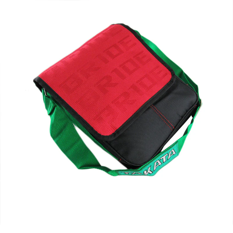 Red GRADATION CROSSBODY SHOULDER BRIDE RACING BAG W/ TAKATA GREEN HARNESS STRAP - Image 3