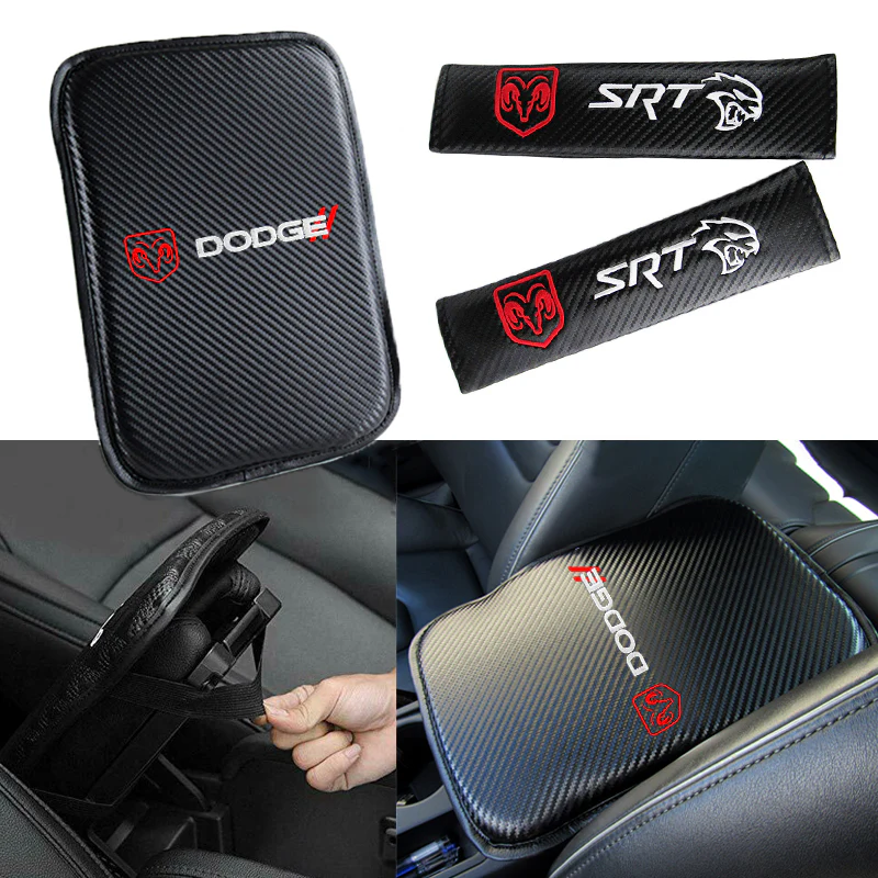 DODGE SRT Embroidered Set Armrest Cushion Center Console Cover Pad Mat with Seat Belt Cover Carbon Fiber Look - Image 5