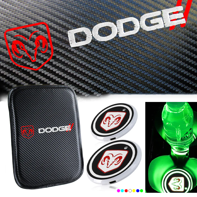 DODGE RAM Embroidered Set Car Center Console Armrest Cushion Mat Pad with LED Coasters Combo Set - Image 6