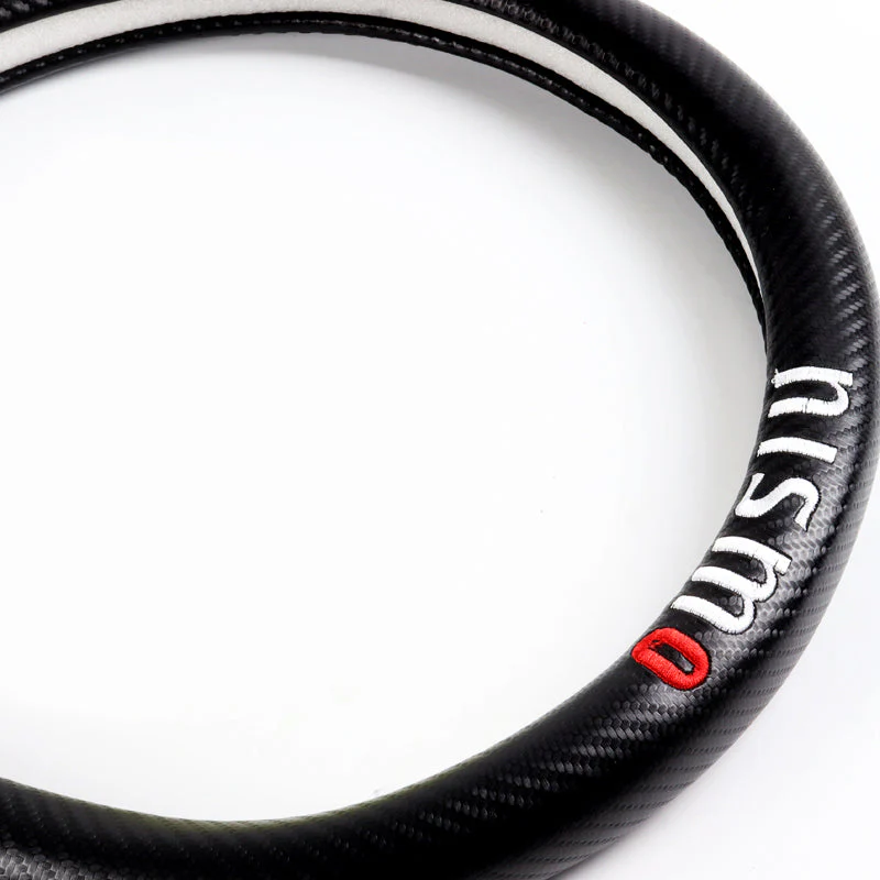 NISMO Nissan Set 15" Diameter Steering Wheel Cover Carbon Fiber Look Leather with LOGO Horn Button - Image 2