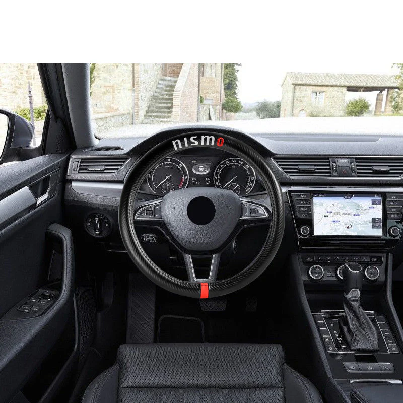 NISMO Nissan Set 15" Diameter Steering Wheel Cover Carbon Fiber Look Leather with LOGO Horn Button - Image 3