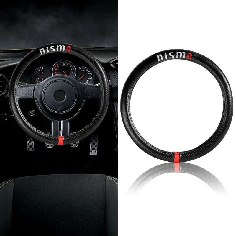 NISMO Nissan Set 15" Diameter Steering Wheel Cover Carbon Fiber Look Leather with LOGO Horn Button - Image 5