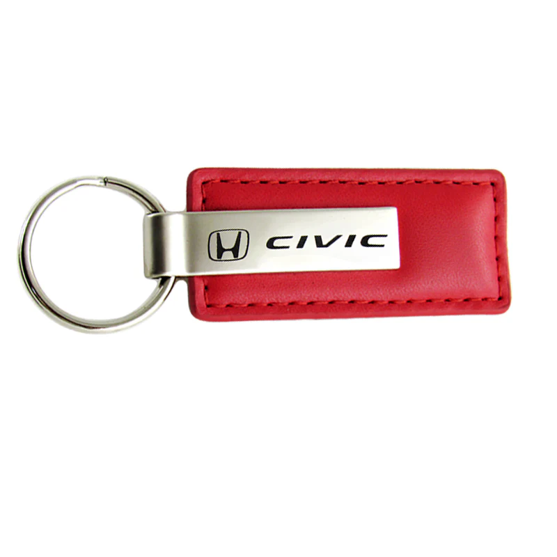 For Honda CIVIC RED Leather Chrome Key Fob Keyring Rectangle Keychain Lanyard - Image 3