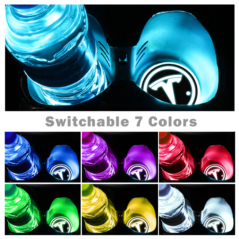 For TESLA Switchable 7 Color LED Cup Holder Car Button Mat Atmosphere Light 2PCS - Image 3