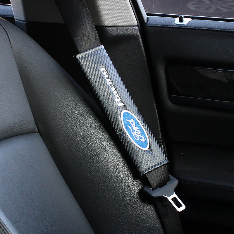 Ford Racing Black Set of Car Wheel Tire Valves Dust Stem Air Caps Keychain with Carbon Fiber Look Seat Belt Covers - Image 9