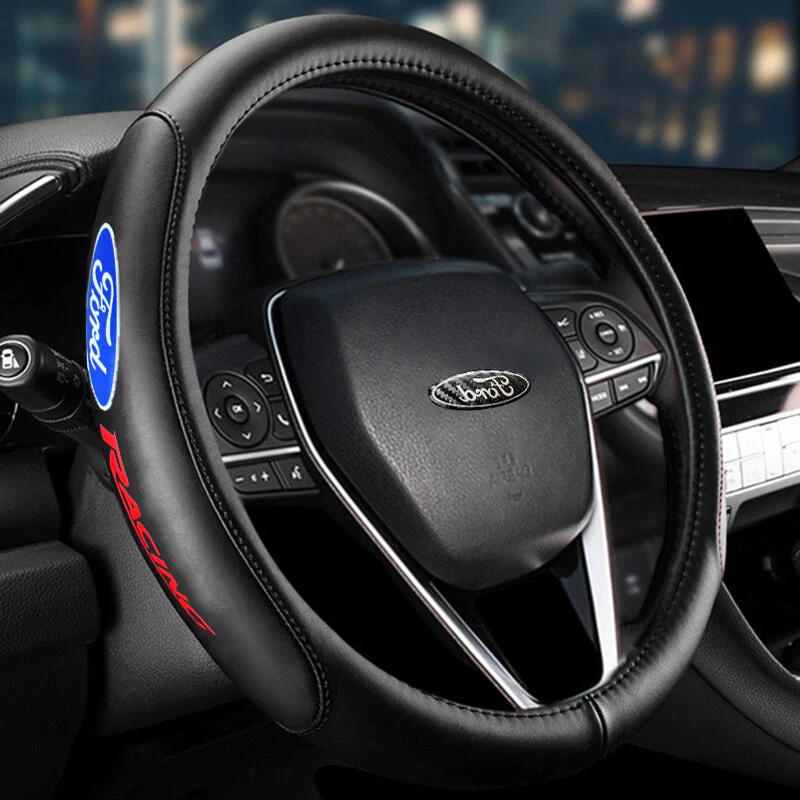 Ford Mustang Set Genuine Leather 15" Diameter Car Auto Steering Wheel Cover with Badge Logo Horn Button - Image 10