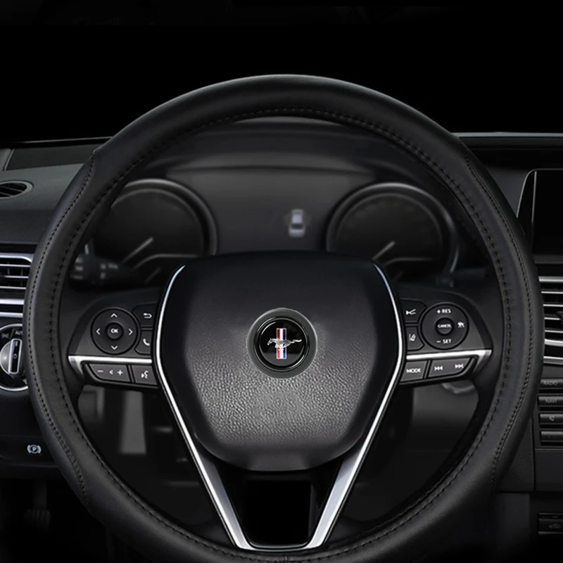 Ford Mustang Set Genuine Leather 15" Diameter Car Auto Steering Wheel Cover with Badge Logo Horn Button - Image 6
