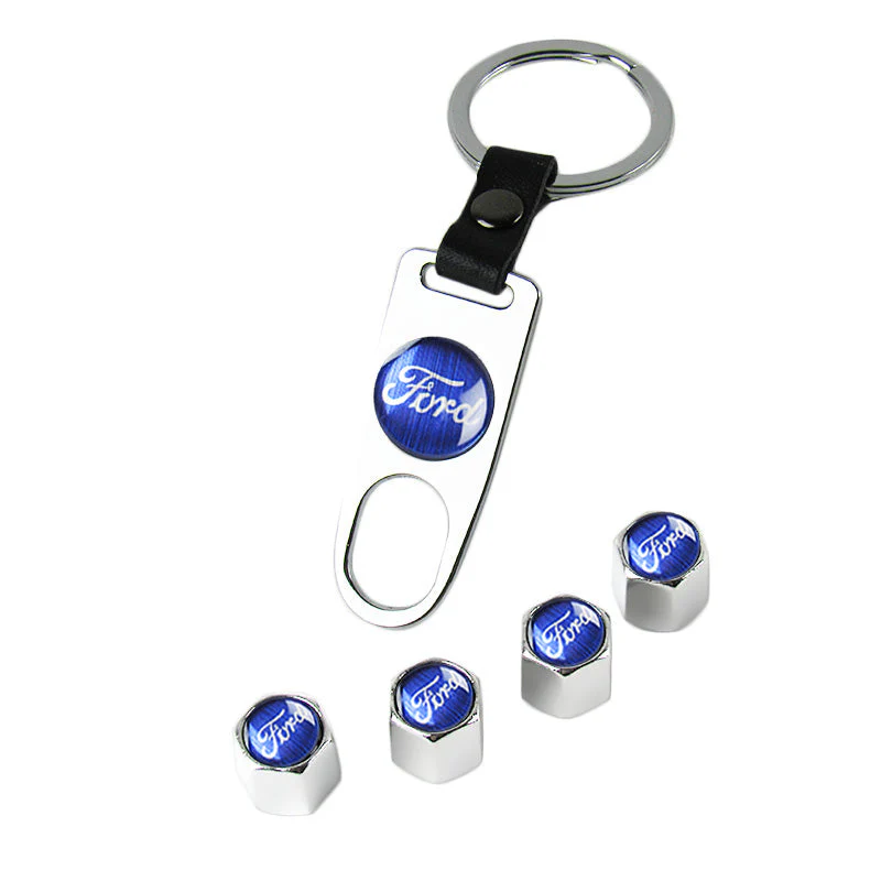 Ford Racing Set of Silver Car Wheel Tire Valves Dust Stem Air Caps Keychain with Carbon Fiber Look Seat Belt Covers - Image 3