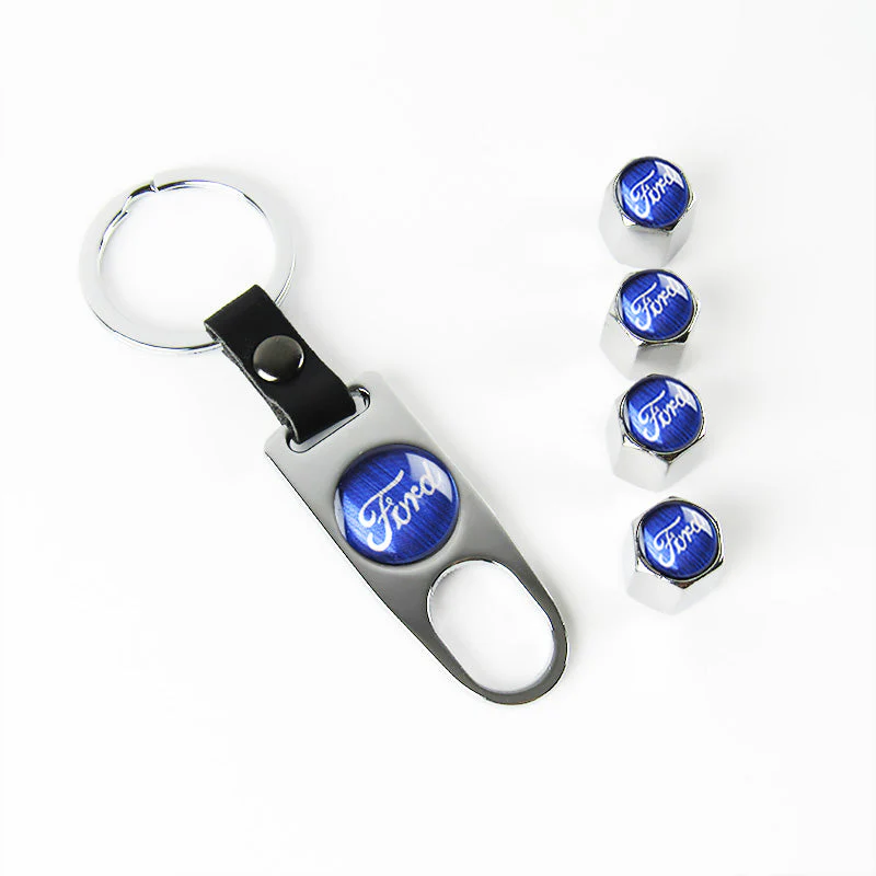 Ford Racing Set of Silver Car Wheel Tire Valves Dust Stem Air Caps Keychain with Carbon Fiber Look Seat Belt Covers - Image 7